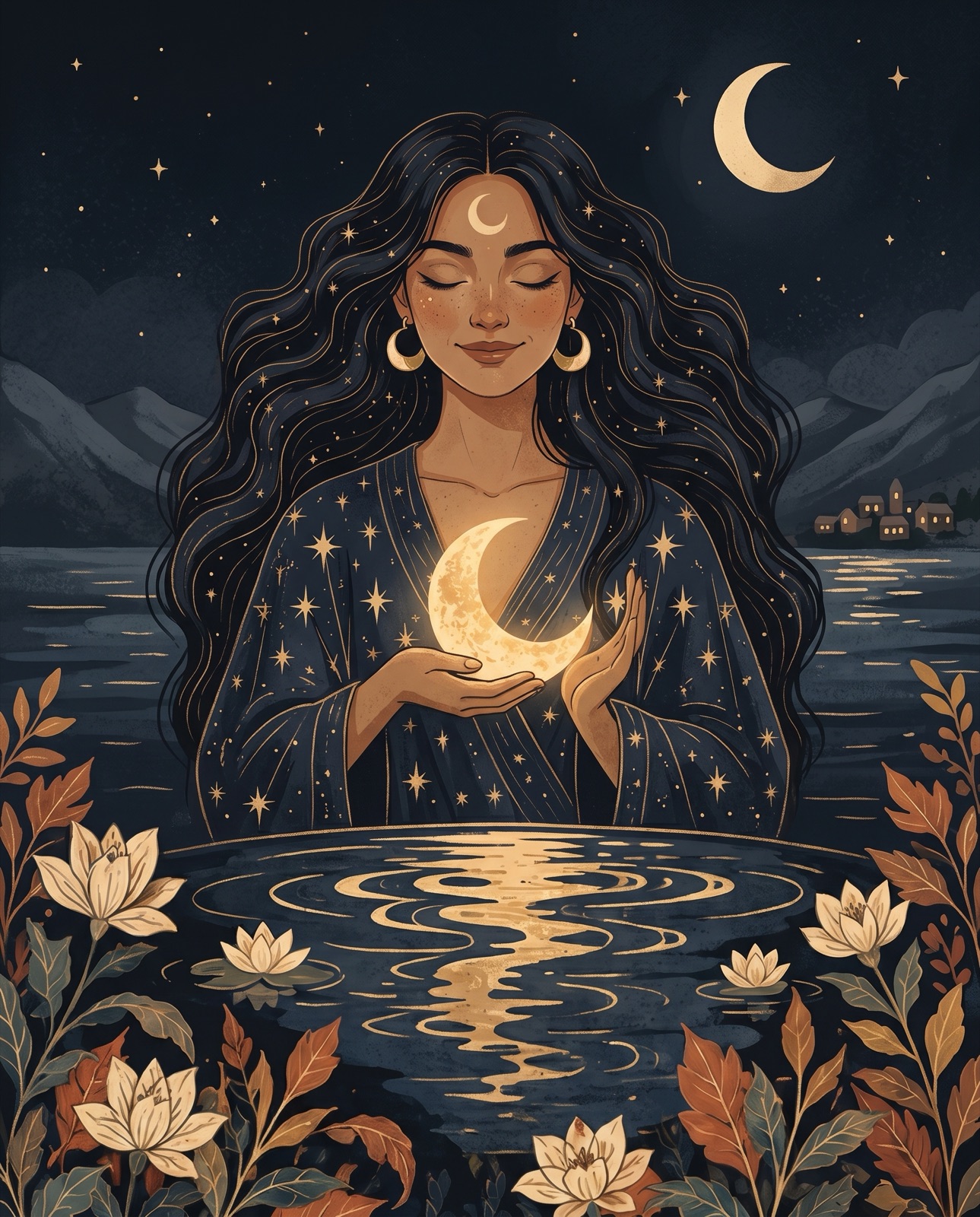 The moon witch holding a glowing crescent over a moonlit lake, framed by lotus flowers